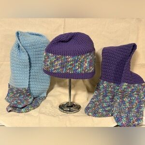 Handmade Colorful Knit  Hat and Double Scarf Set. Boho Chic